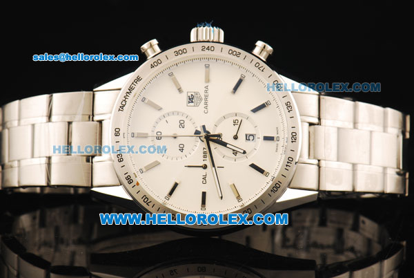 Tag Heuer Carrera Chronograph Miyota Quartz Movement Full Steel with White Dial and Stick Markers - Click Image to Close